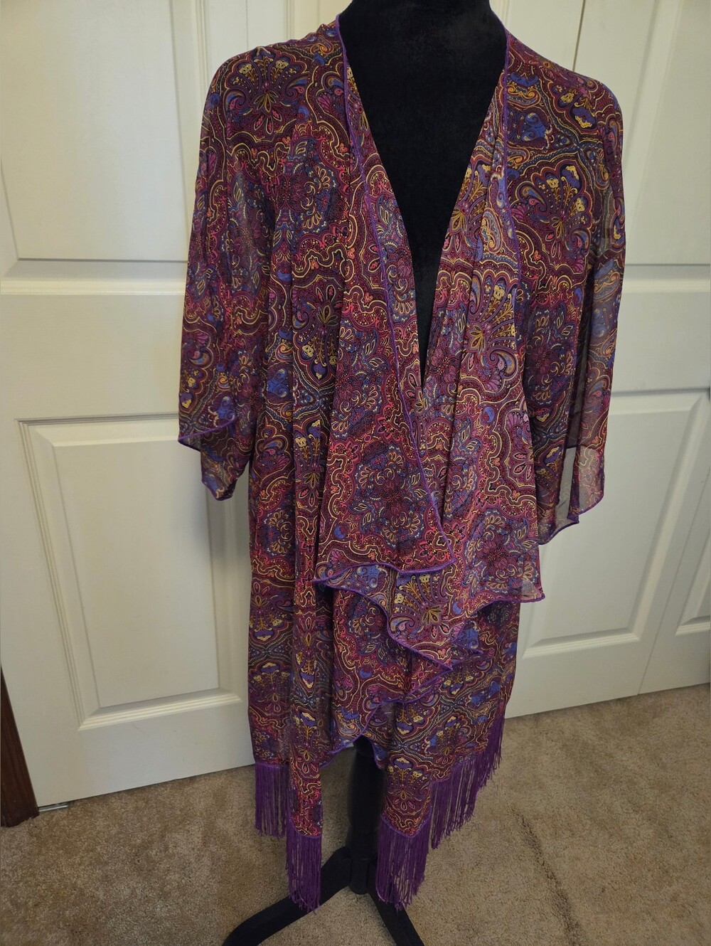 LuLaRoe MONROE Size LARGE Boho Paisley Fringe Kimono in Purple and Gold NEW